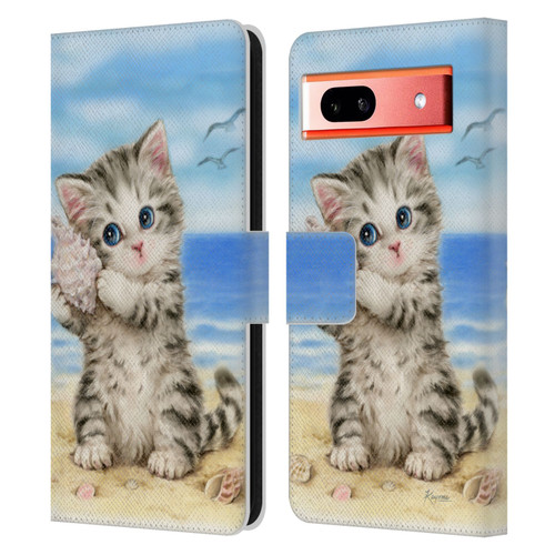 Kayomi Harai Animals And Fantasy Seashell Kitten At Beach Leather Book Wallet Case Cover For Google Pixel 7a