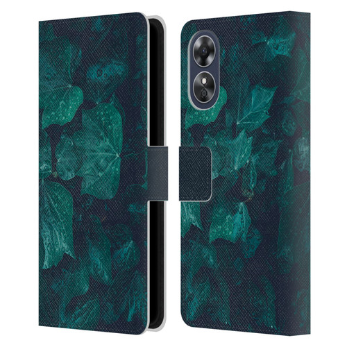 PLdesign Flowers And Leaves Dark Emerald Green Ivy Leather Book Wallet Case Cover For OPPO A17