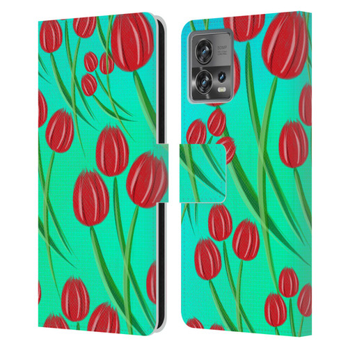 Grace Illustration Lovely Floral Red Tulips Leather Book Wallet Case Cover For Motorola Moto Edge 30 Fusion