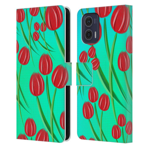 Grace Illustration Lovely Floral Red Tulips Leather Book Wallet Case Cover For Motorola Moto G73 5G