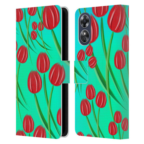 Grace Illustration Lovely Floral Red Tulips Leather Book Wallet Case Cover For OPPO A17