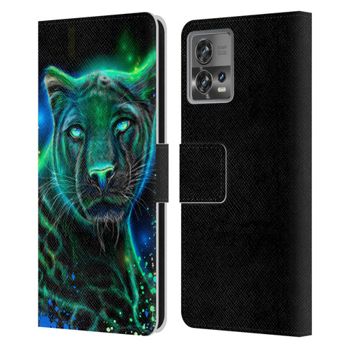 Sheena Pike Big Cats Neon Blue Green Panther Leather Book Wallet Case Cover For Motorola Moto Edge 30 Fusion