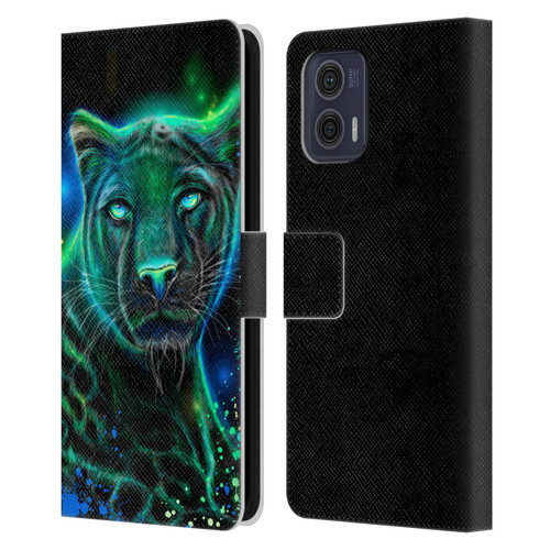Sheena Pike Big Cats Neon Blue Green Panther Leather Book Wallet Case Cover For Motorola Moto G73 5G