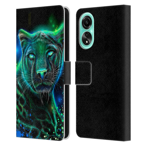 Sheena Pike Big Cats Neon Blue Green Panther Leather Book Wallet Case Cover For OPPO A78 5G