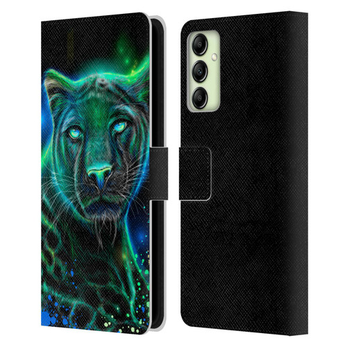 Sheena Pike Big Cats Neon Blue Green Panther Leather Book Wallet Case Cover For Samsung Galaxy A14 5G
