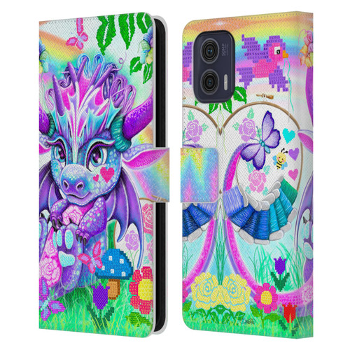 Sheena Pike Dragons Cross-Stitch Lil Dragonz Leather Book Wallet Case Cover For Motorola Moto G73 5G
