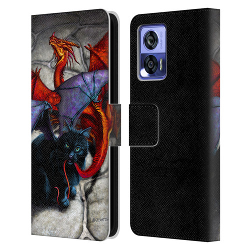 Stanley Morrison Art Bat Winged Black Cat & Dragon Leather Book Wallet Case Cover For Motorola Edge 30 Neo 5G