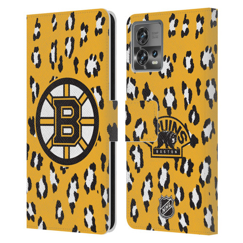 NHL Boston Bruins Leopard Patten Leather Book Wallet Case Cover For Motorola Moto Edge 30 Fusion
