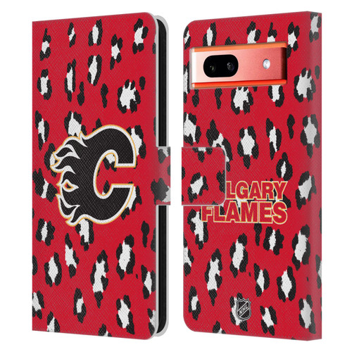 NHL Calgary Flames Leopard Patten Leather Book Wallet Case Cover For Google Pixel 7a