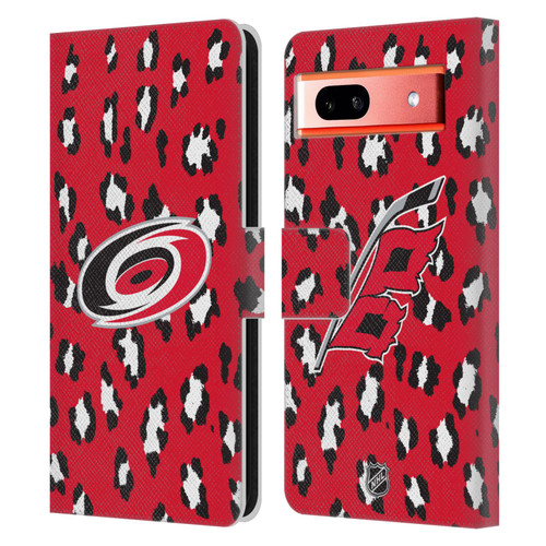 NHL Carolina Hurricanes Leopard Patten Leather Book Wallet Case Cover For Google Pixel 7a