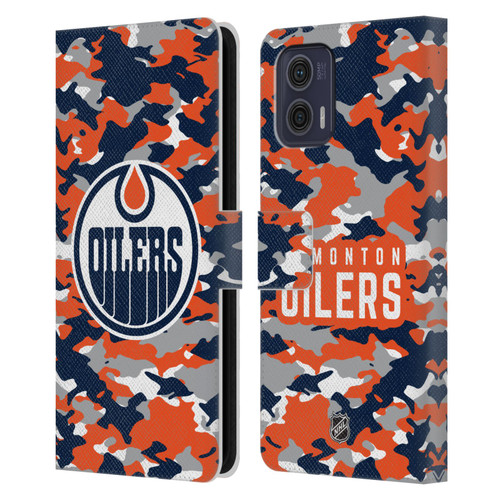 NHL Edmonton Oilers Camouflage Leather Book Wallet Case Cover For Motorola Moto G73 5G