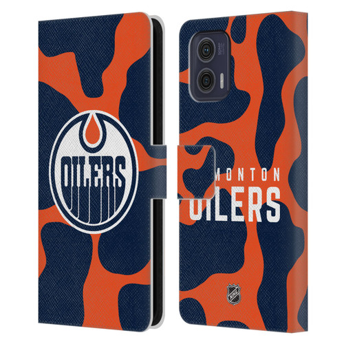 NHL Edmonton Oilers Cow Pattern Leather Book Wallet Case Cover For Motorola Moto G73 5G