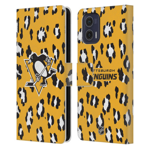 NHL Pittsburgh Penguins Leopard Patten Leather Book Wallet Case Cover For Motorola Moto G73 5G