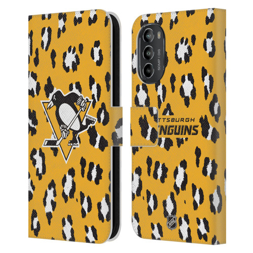 NHL Pittsburgh Penguins Leopard Patten Leather Book Wallet Case Cover For Motorola Moto G82 5G