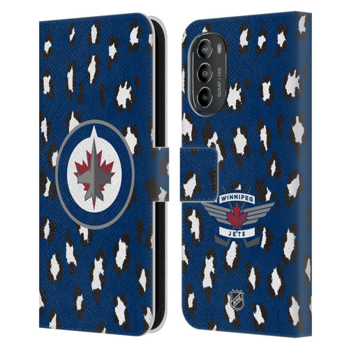 NHL Winnipeg Jets Leopard Patten Leather Book Wallet Case Cover For Motorola Moto G82 5G