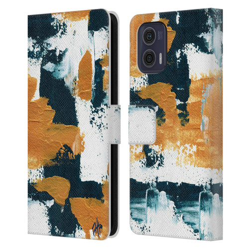 Haley Bush Pattern Painting Abstract Navy Gold White Leather Book Wallet Case Cover For Motorola Moto G73 5G
