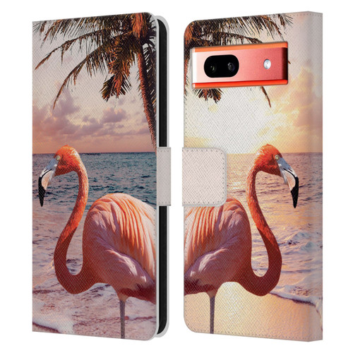 Random Galaxy Mixed Designs Flamingos & Palm Trees Leather Book Wallet Case Cover For Google Pixel 7a