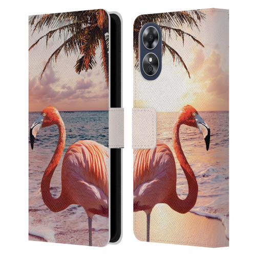 Random Galaxy Mixed Designs Flamingos & Palm Trees Leather Book Wallet Case Cover For OPPO A17