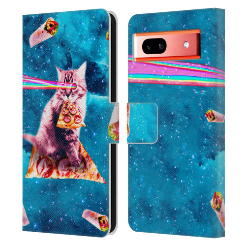 Random Galaxy Space Cat Lazer Eye & Pizza Leather Book Wallet Case Cover For Google Pixel 7a