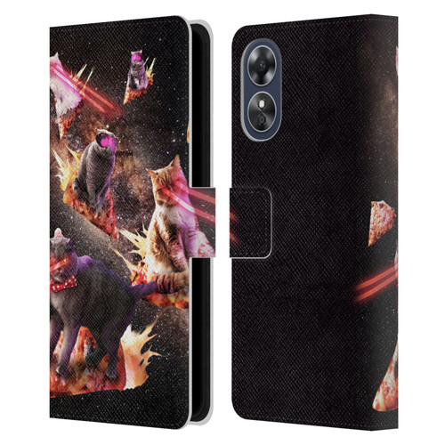 Random Galaxy Space Cat Fire Pizza Leather Book Wallet Case Cover For OPPO A17
