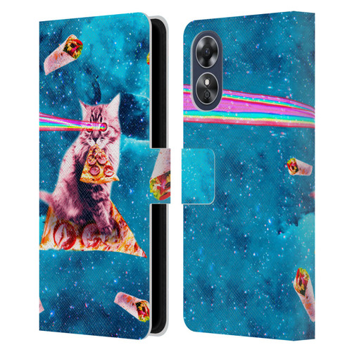 Random Galaxy Space Cat Lazer Eye & Pizza Leather Book Wallet Case Cover For OPPO A17