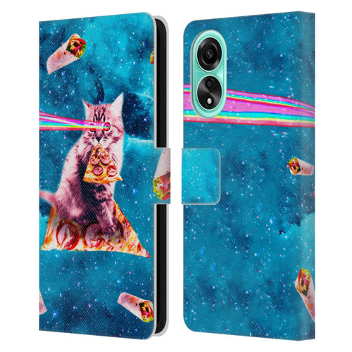 Random Galaxy Space Cat Lazer Eye & Pizza Leather Book Wallet Case Cover For OPPO A78 4G