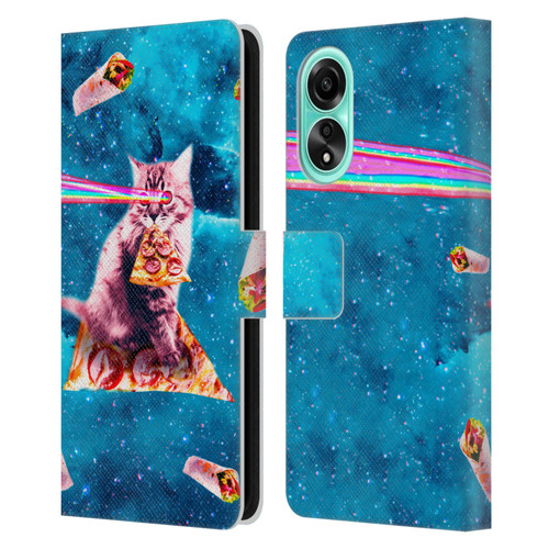 Random Galaxy Space Cat Lazer Eye & Pizza Leather Book Wallet Case Cover For OPPO A78 5G