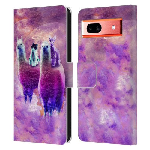 Random Galaxy Space Llama Kitty & Cat Leather Book Wallet Case Cover For Google Pixel 7a