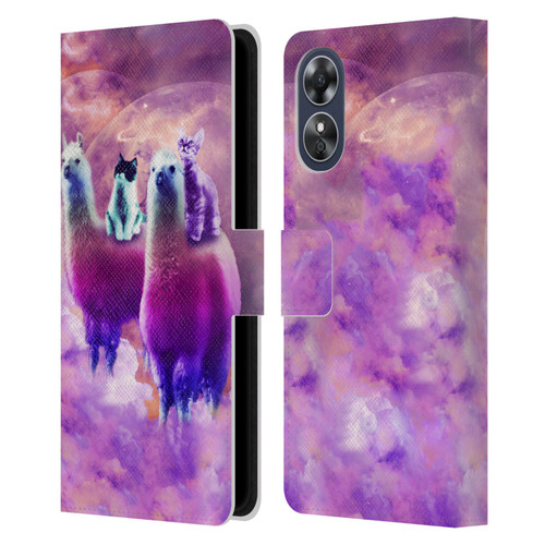 Random Galaxy Space Llama Kitty & Cat Leather Book Wallet Case Cover For OPPO A17