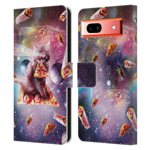 Random Galaxy Space Pizza Ride Outer Space Lazer Cat Leather Book Wallet Case Cover For Google Pixel 7a