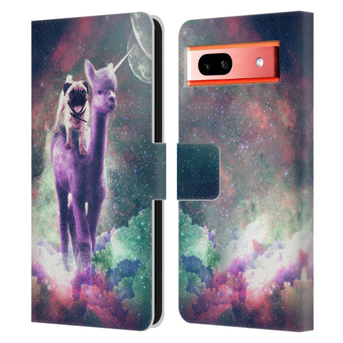 Random Galaxy Space Unicorn Ride Pug Riding Llama Leather Book Wallet Case Cover For Google Pixel 7a
