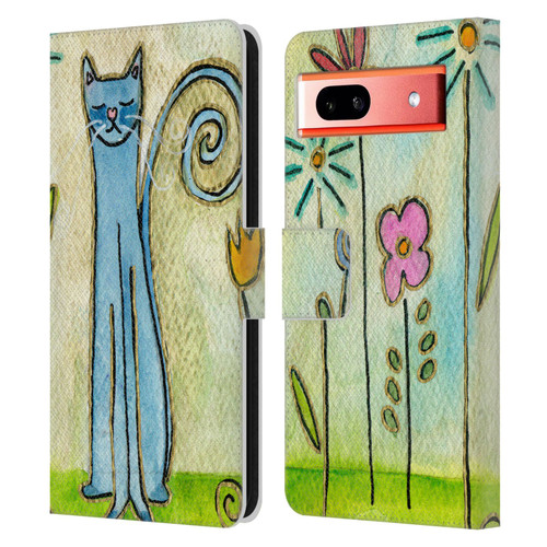 Wyanne Cat Blue Cat In The Flower Garden Leather Book Wallet Case Cover For Google Pixel 7a