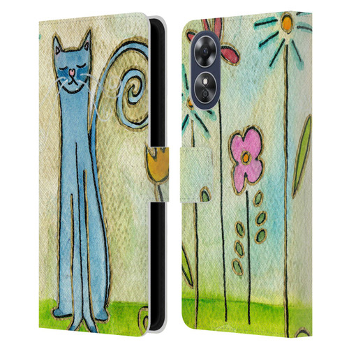 Wyanne Cat Blue Cat In The Flower Garden Leather Book Wallet Case Cover For OPPO A17