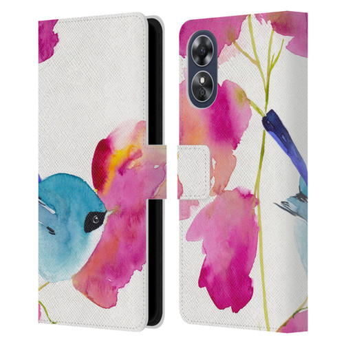 Mai Autumn Floral Blooms Blue Bird Leather Book Wallet Case Cover For OPPO A17