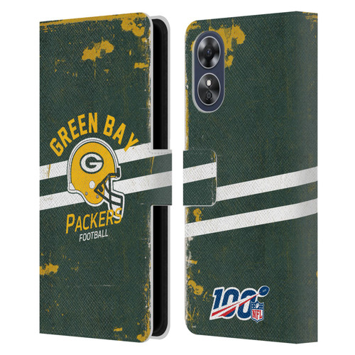 NFL Green Bay Packers Logo Art Helmet Distressed Leather Book Wallet Case Cover For OPPO A17