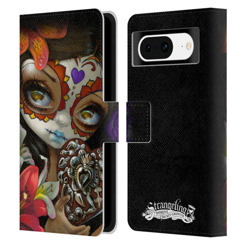 Strangeling Art Day of Dead Heart Charm Leather Book Wallet Case Cover For Google Pixel 8