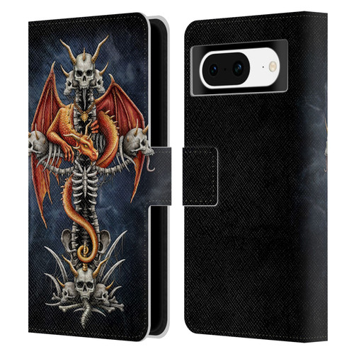 Sarah Richter Fantasy Creatures Red Dragon Guarding Bone Cross Leather Book Wallet Case Cover For Google Pixel 8