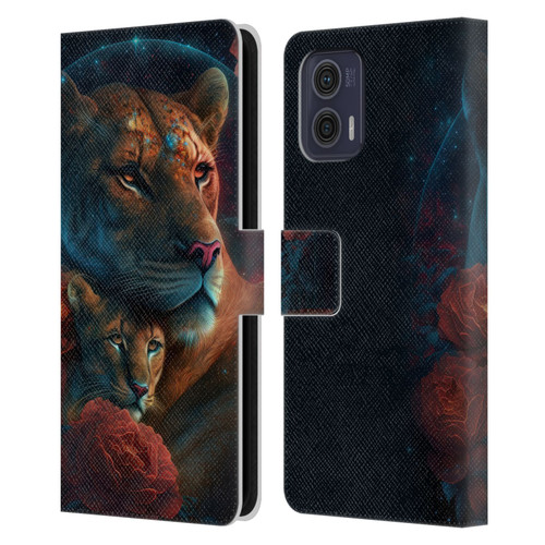 Spacescapes Floral Lions Star Watching Leather Book Wallet Case Cover For Motorola Moto G73 5G