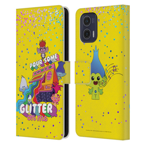 Trolls World Tour Key Art Glitter Print Leather Book Wallet Case Cover For Motorola Moto G73 5G