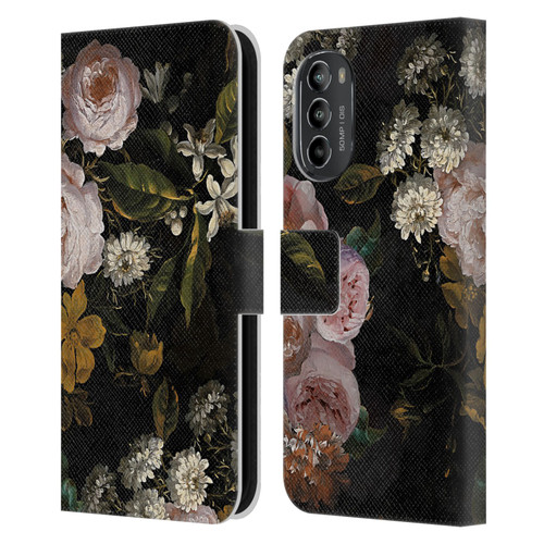 UtArt Antique Flowers Roses And Baby's Breath Leather Book Wallet Case Cover For Motorola Moto G82 5G