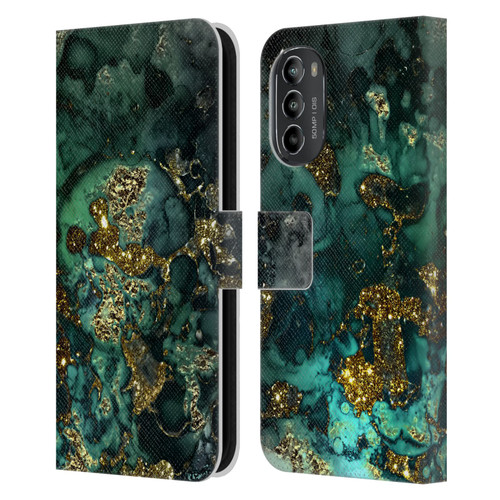 UtArt Malachite Emerald Gold And Seafoam Green Leather Book Wallet Case Cover For Motorola Moto G82 5G