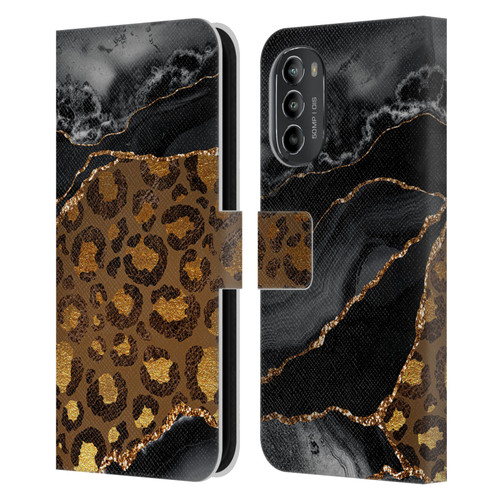 UtArt Wild Cat Marble Dark Gilded Leopard Leather Book Wallet Case Cover For Motorola Moto G82 5G