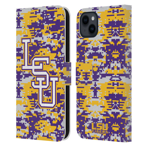 Louisiana State University LSU Louisiana State University Digital Camouflage Leather Book Wallet Case Cover For Apple iPhone 15 Plus