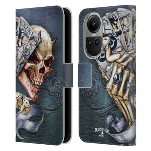 Alchemy Gothic Skull And Cards Read 'Em And Weep Leather Book Wallet Case Cover For OPPO Reno10 5G / Reno10 Pro 5G