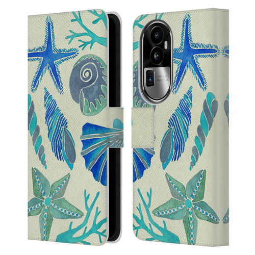 Cat Coquillette Sea Seashells Blue Leather Book Wallet Case Cover For OPPO Reno10 Pro+