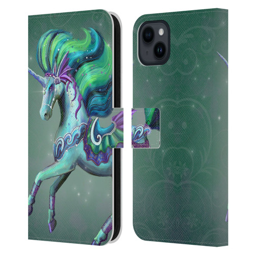 Rose Khan Unicorns Sea Green Leather Book Wallet Case Cover For Apple iPhone 15 Plus