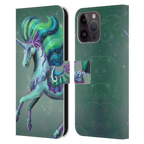 Rose Khan Unicorns Sea Green Leather Book Wallet Case Cover For Apple iPhone 15 Pro Max