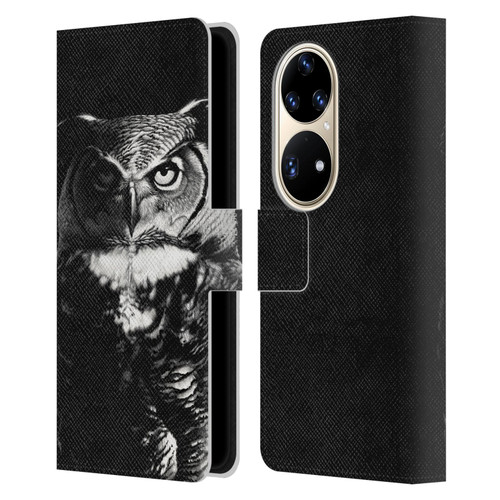 Stanley Morrison Black And White Great Horned Owl Leather Book Wallet Case Cover For Huawei P50 Pro