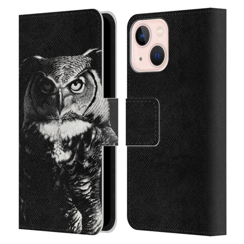 Stanley Morrison Black And White Great Horned Owl Leather Book Wallet Case Cover For Apple iPhone 13 Mini