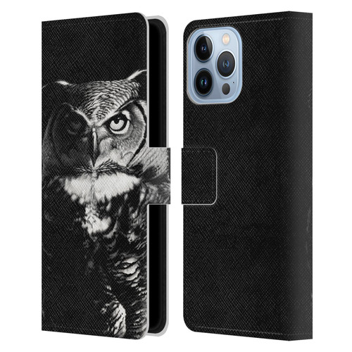 Stanley Morrison Black And White Great Horned Owl Leather Book Wallet Case Cover For Apple iPhone 13 Pro Max